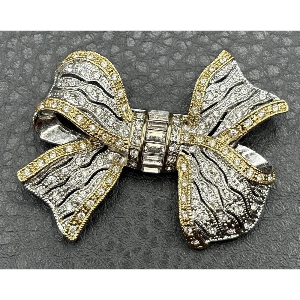 Vintage 90s Gold Tone Silver Tone Rhinestone Bow Brooch Pin Art Deco Revival